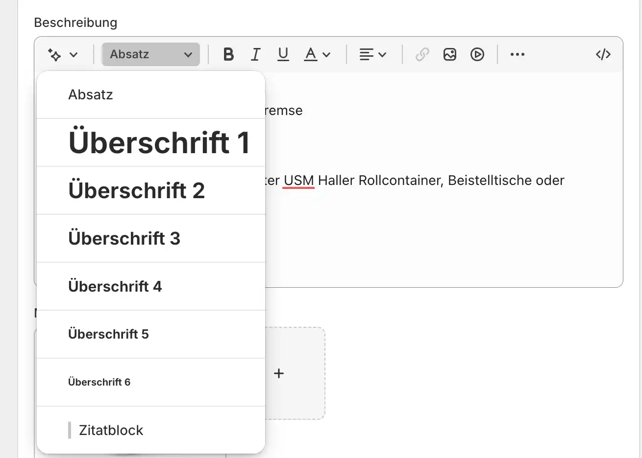 Das Bild zeigt das Shopify Backend mit den Möglichkeiten die Überschriften in H1, H2, H3 und weiter einstellen zu können, dies macht Shopify gut für SEO