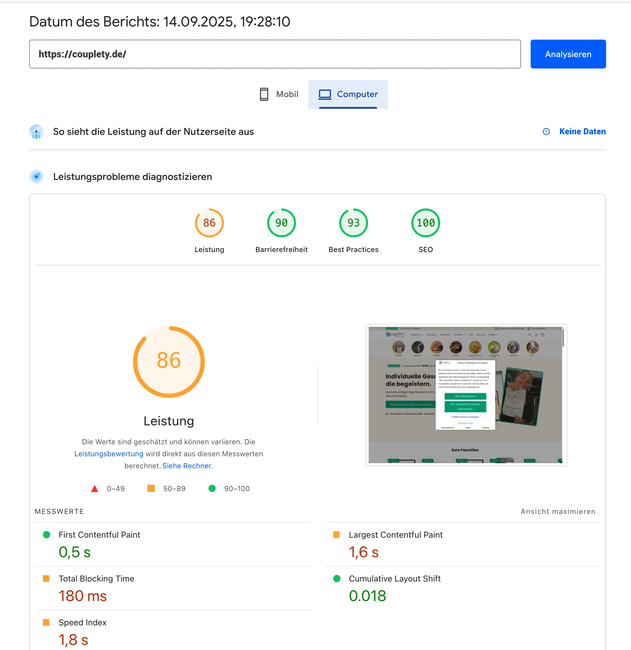 Dieses Bild zeigt einen Auszug von Google Page Speed Seite während man die Ladezeit für seine Webseite überprüfen kann.
