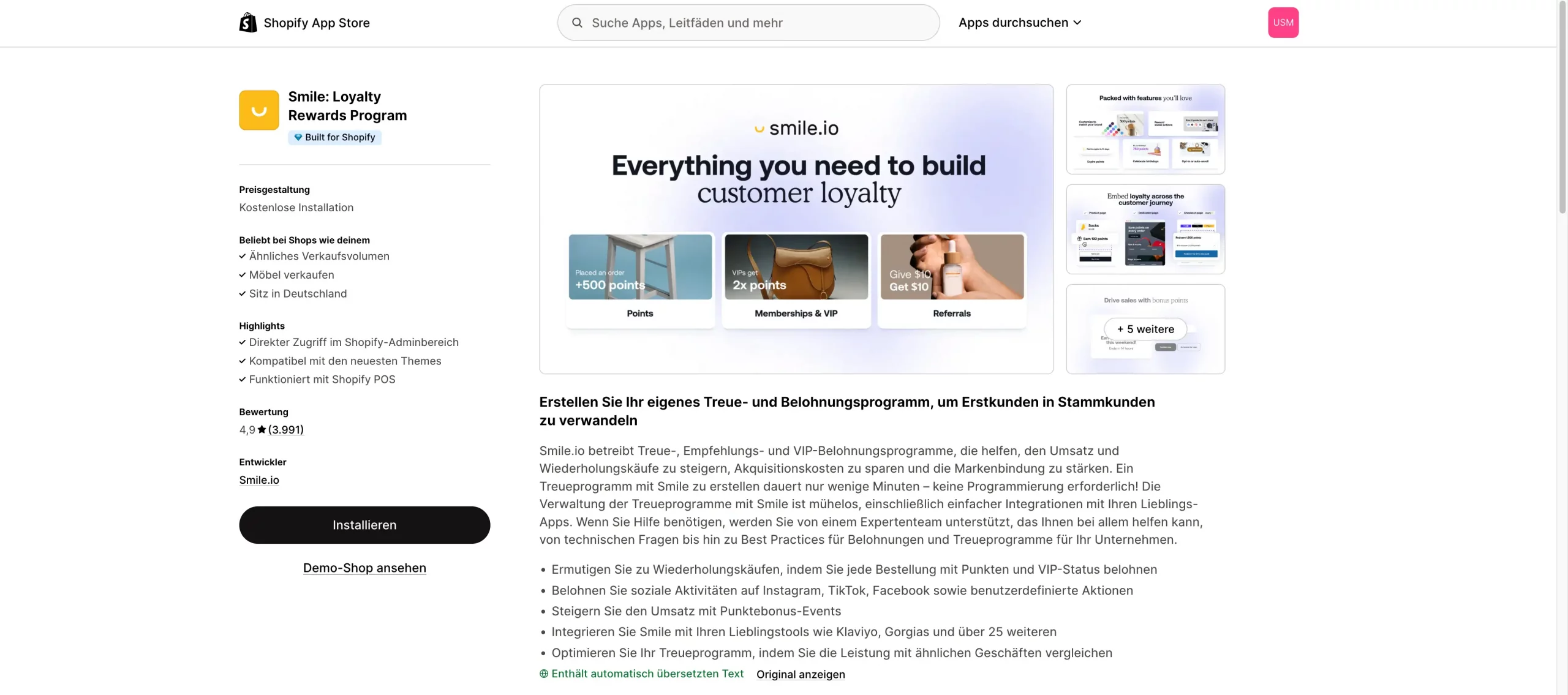 Smile.io App für Shopify Onlineshop