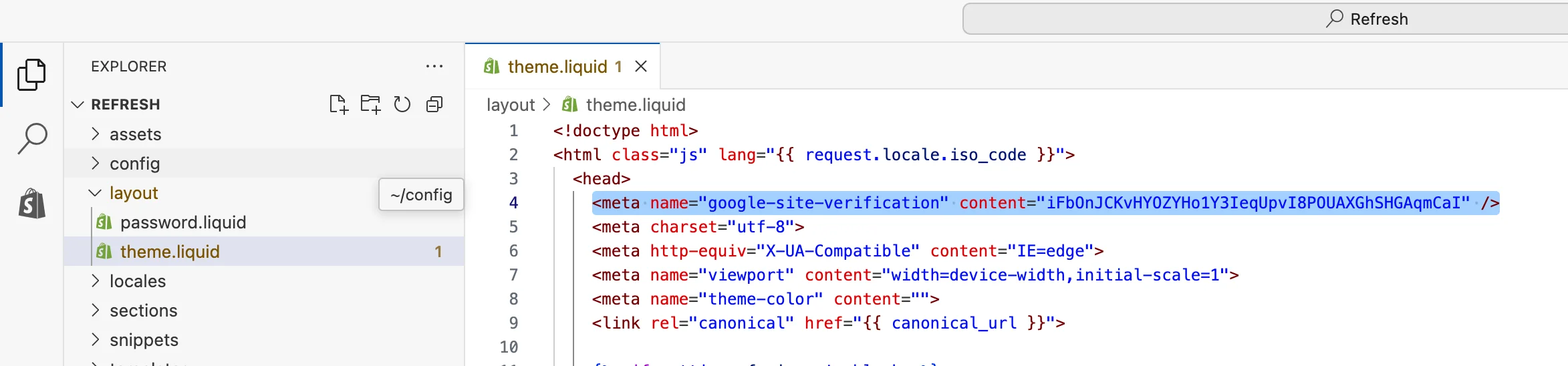 Dieses Bild zeigt den Code Editor von Shopify während der HTML Code für die Google Search Console eingefügt wird