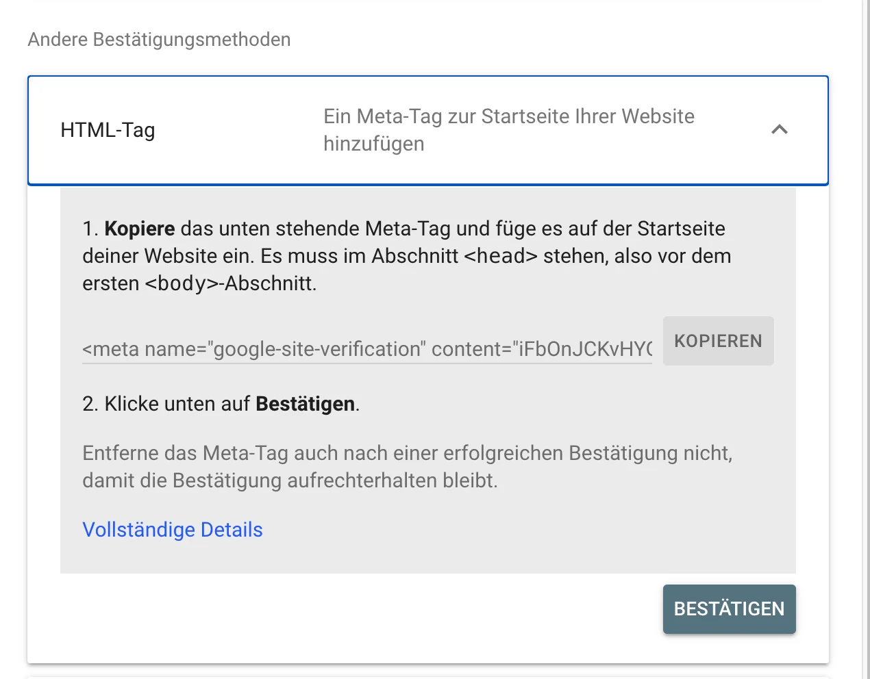 Dieses Bild zeigt die Verifikationsmethode HTML von Google Search Console