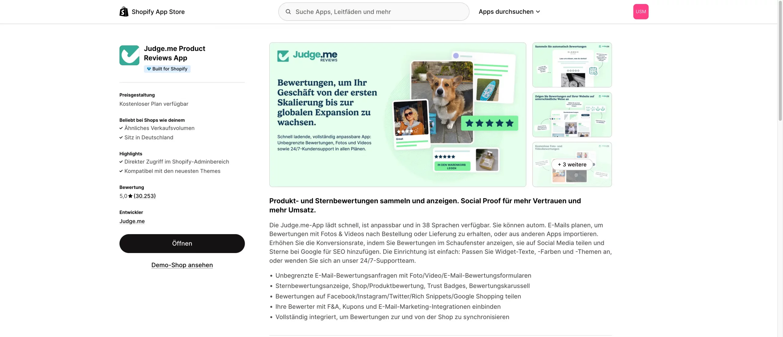 Dieses Bild zeigt ein Ausschnitt vom Shopify Appstore von judge.me bewertungsapp
