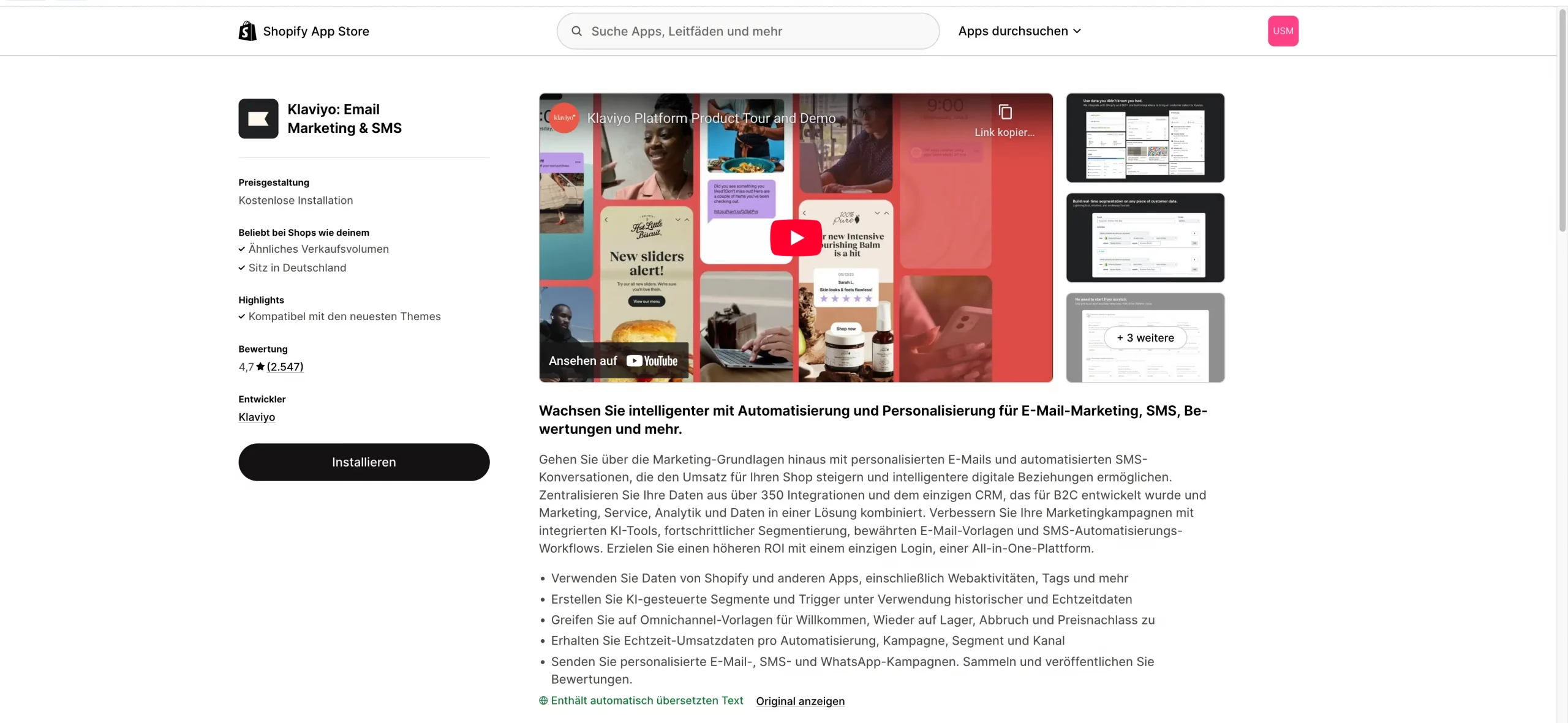 Dieses Bild zeigt ein Ausschnitt vom Shopify Appstore von Klaviyo