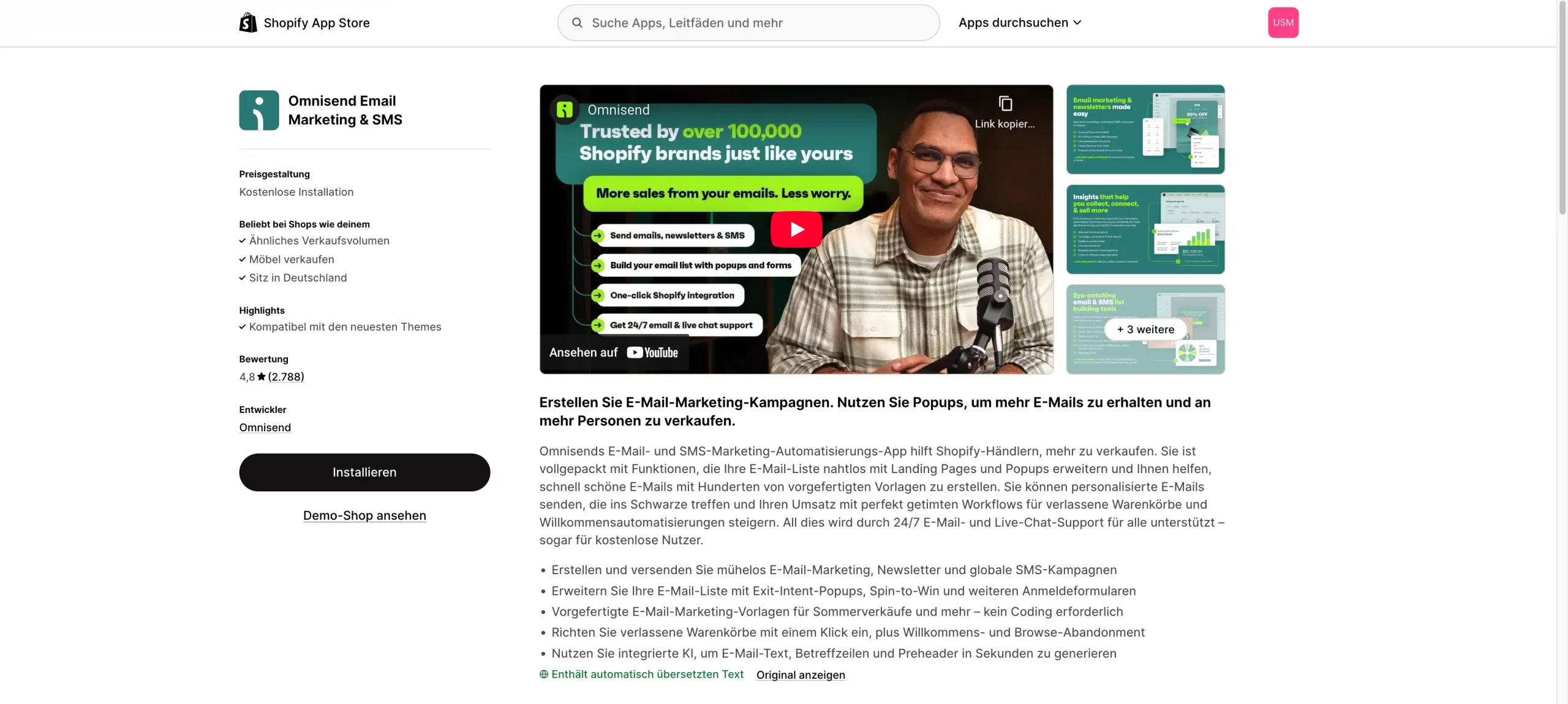 Dieses Bild zeigt ein Ausschnitt vom Shopify Appstore von omnisend