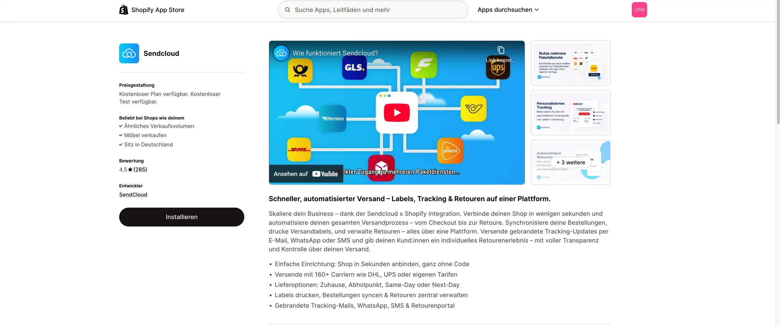 Dieses Bild zeigt ein Ausschnitt vom Shopify Appstore von sendcloud