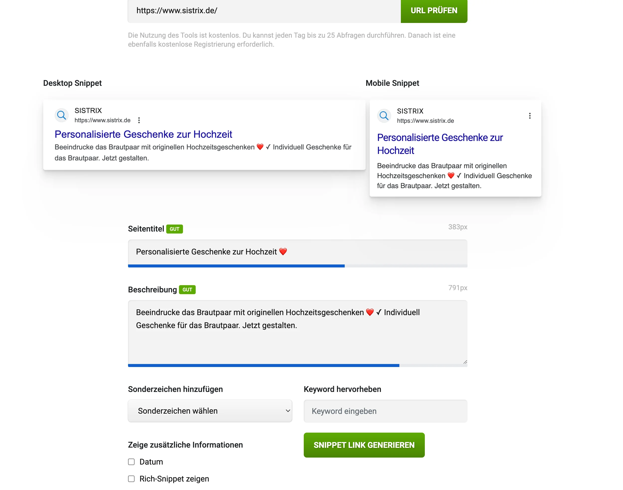 Das Serp Snippet Tool von Sistrix, welches sich für Shopify Suchmaschinenoptimierung nutzen lässt.
