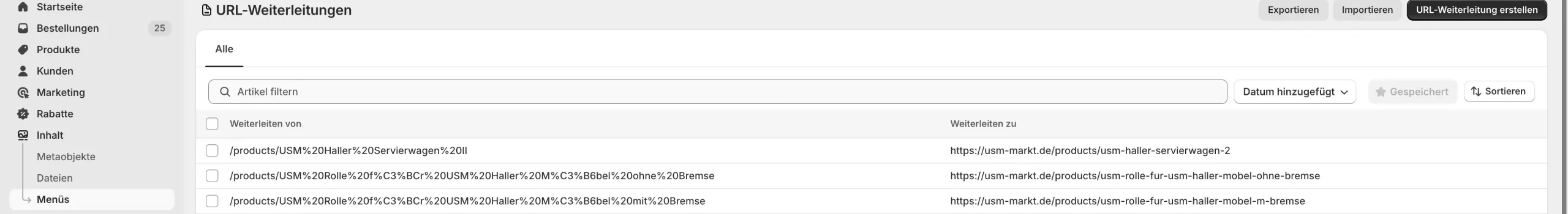 Dieses Bild zeigt die Einstellung bei Shopify für 301-Weiterleitungen, welches nützlich ist für defekte oder veraltete Links im Onlineshop