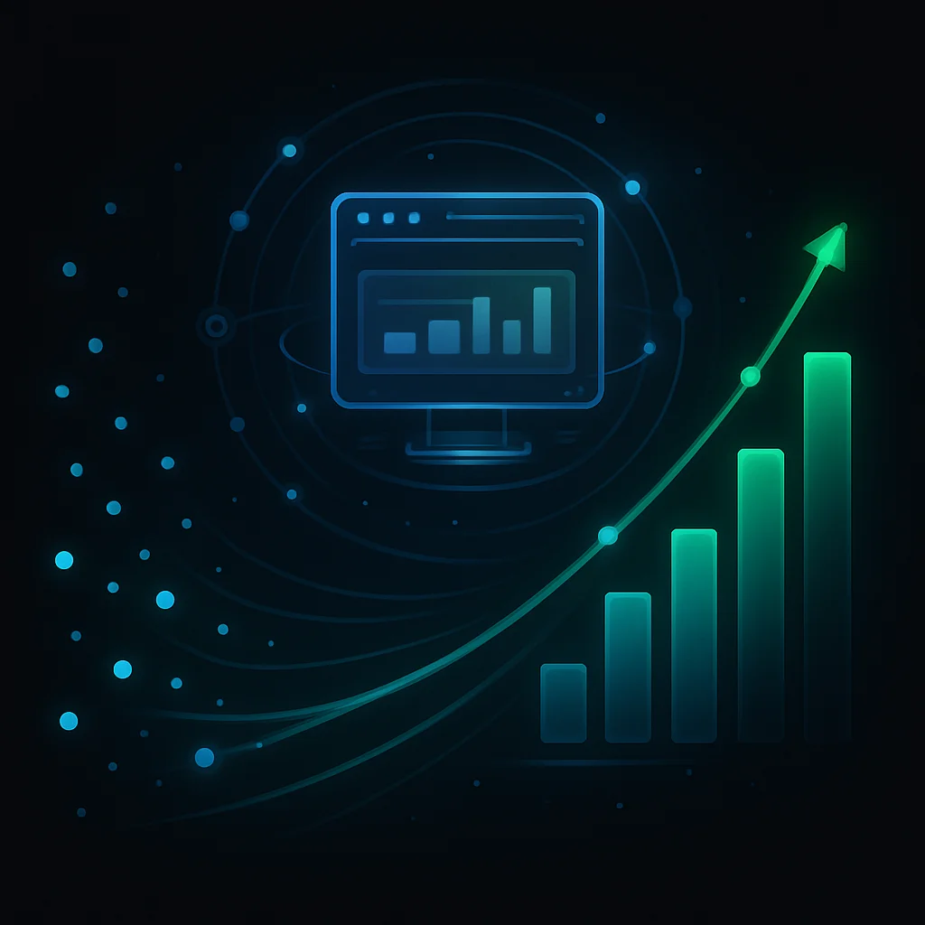 Diese Grafik verdeutlicht den Webseitentraffic mit interaktiven Elementen wie Kurven und Diagrammen und einem Bildschirm
