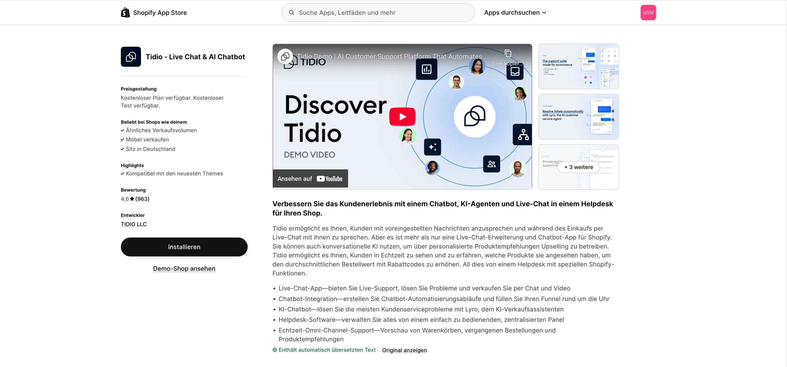 Dieses Bild zeigt ein Ausschnitt vom Shopify Appstore von tidio