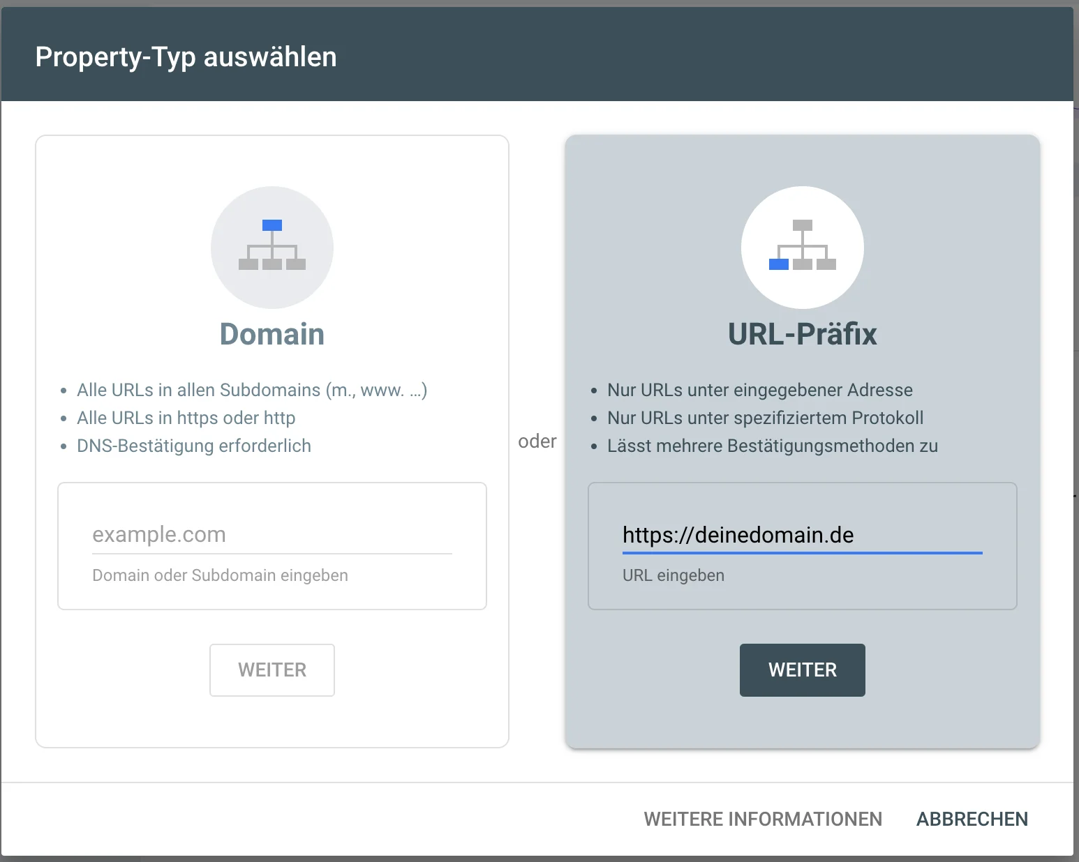 Dieses Bild zeigt die Möglichkeiten der Verifikation bei der Google Search Console