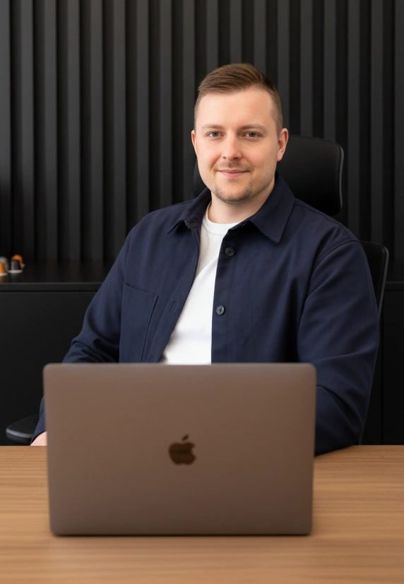 Robin Csipke sitzt vor einem Laptop und schaut in die Kamera. Robin Csipke ist Gründer einer Shopify Agentur